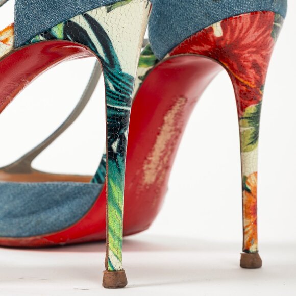 Christian Louboutin Senora 100 Blue & White Jeans / Calf Hawaii T-Strap Sandals - Picture 10 of 12